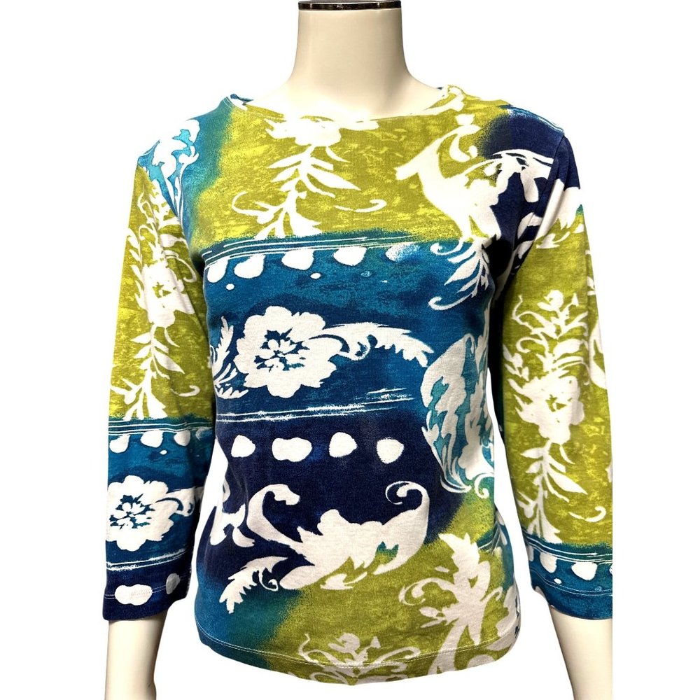 Chicos Long Sleeve Blouse Blue White Green Cotton Abstract Floral Print Top SZ 1
